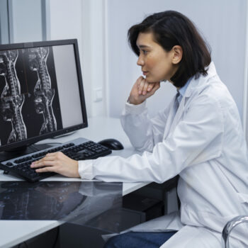 Profesional revisando imágenes de resonancia magnética de columna en computador